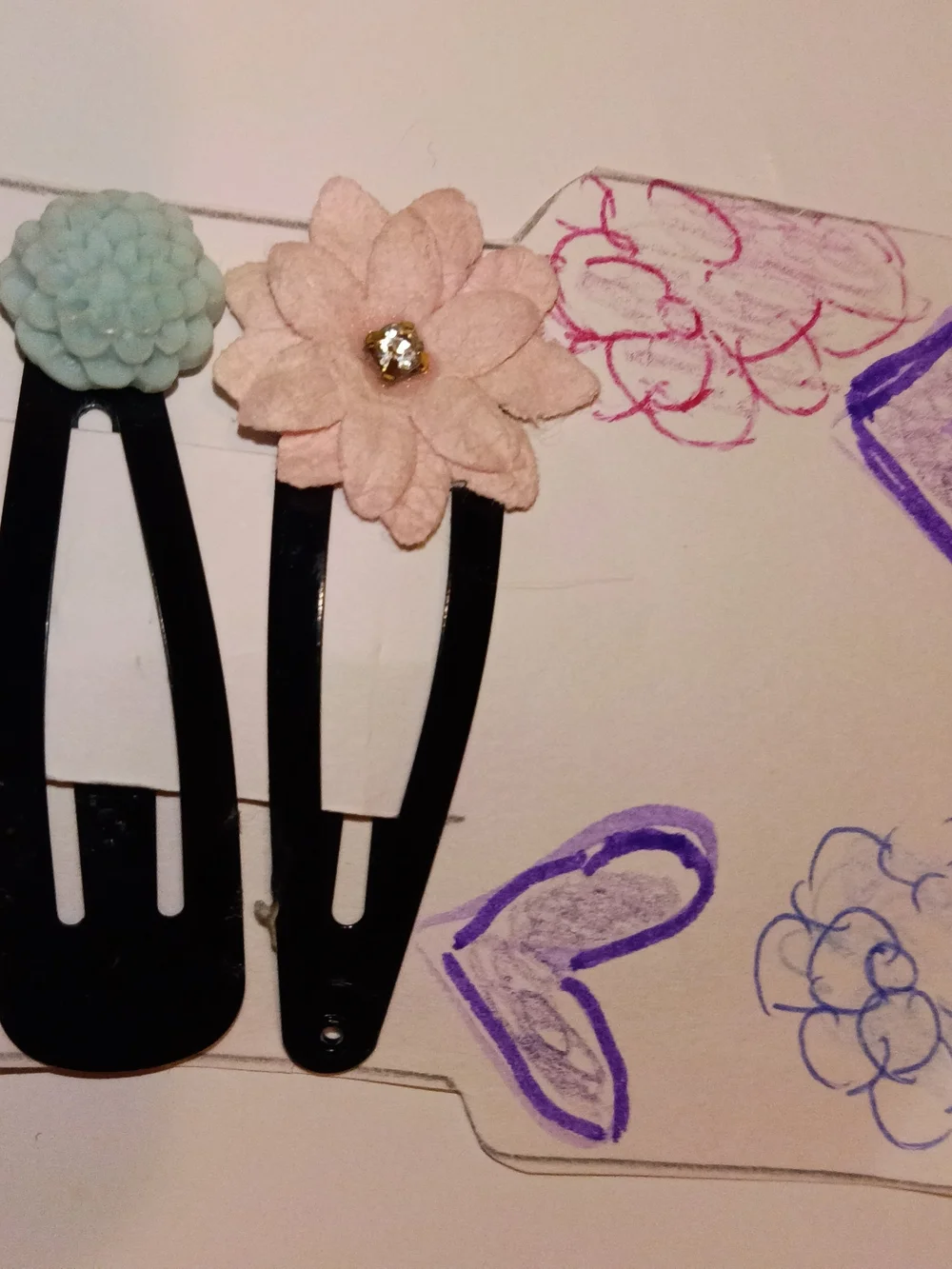 Floral Black Snap Hair Clips - Pink and Mint Accents